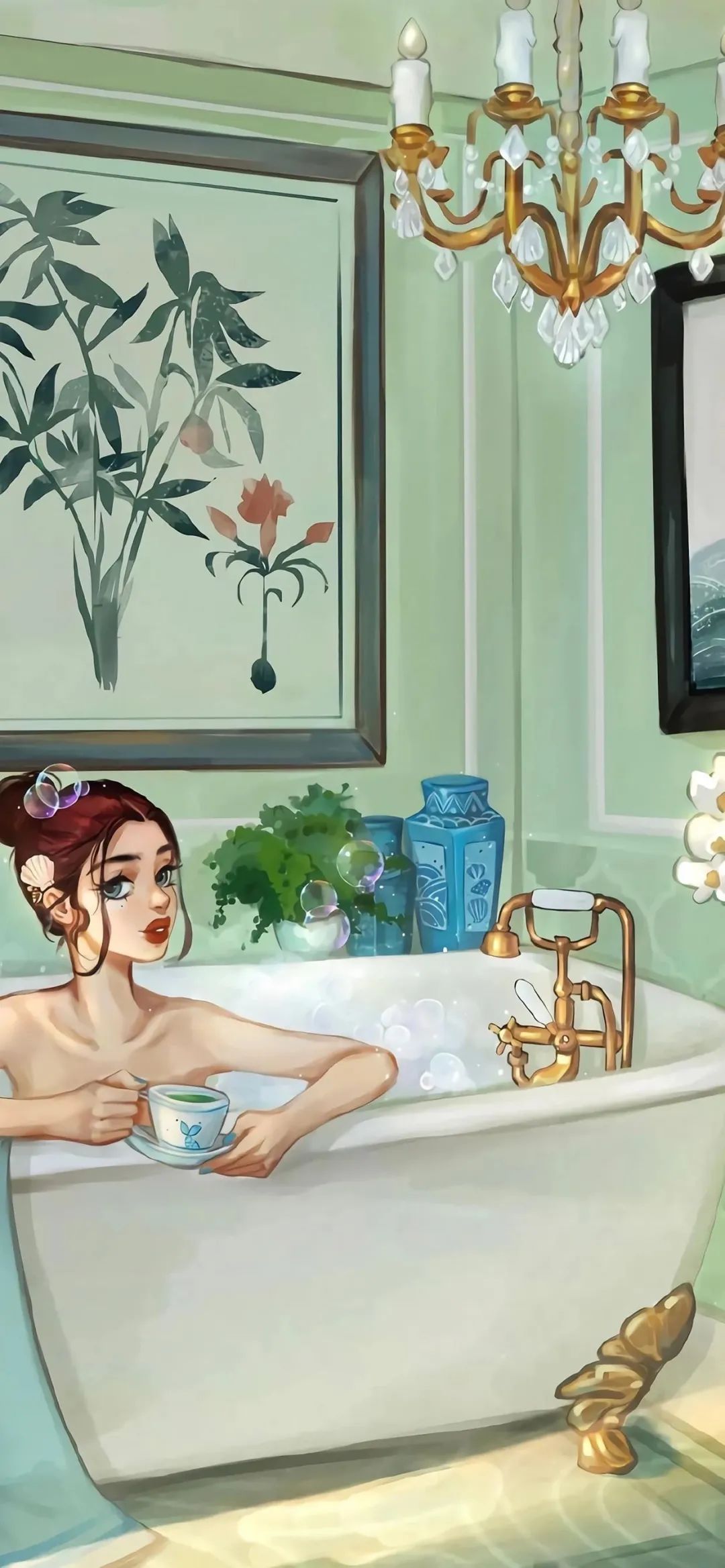 美女浴缸喝咖啡插画手机壁纸