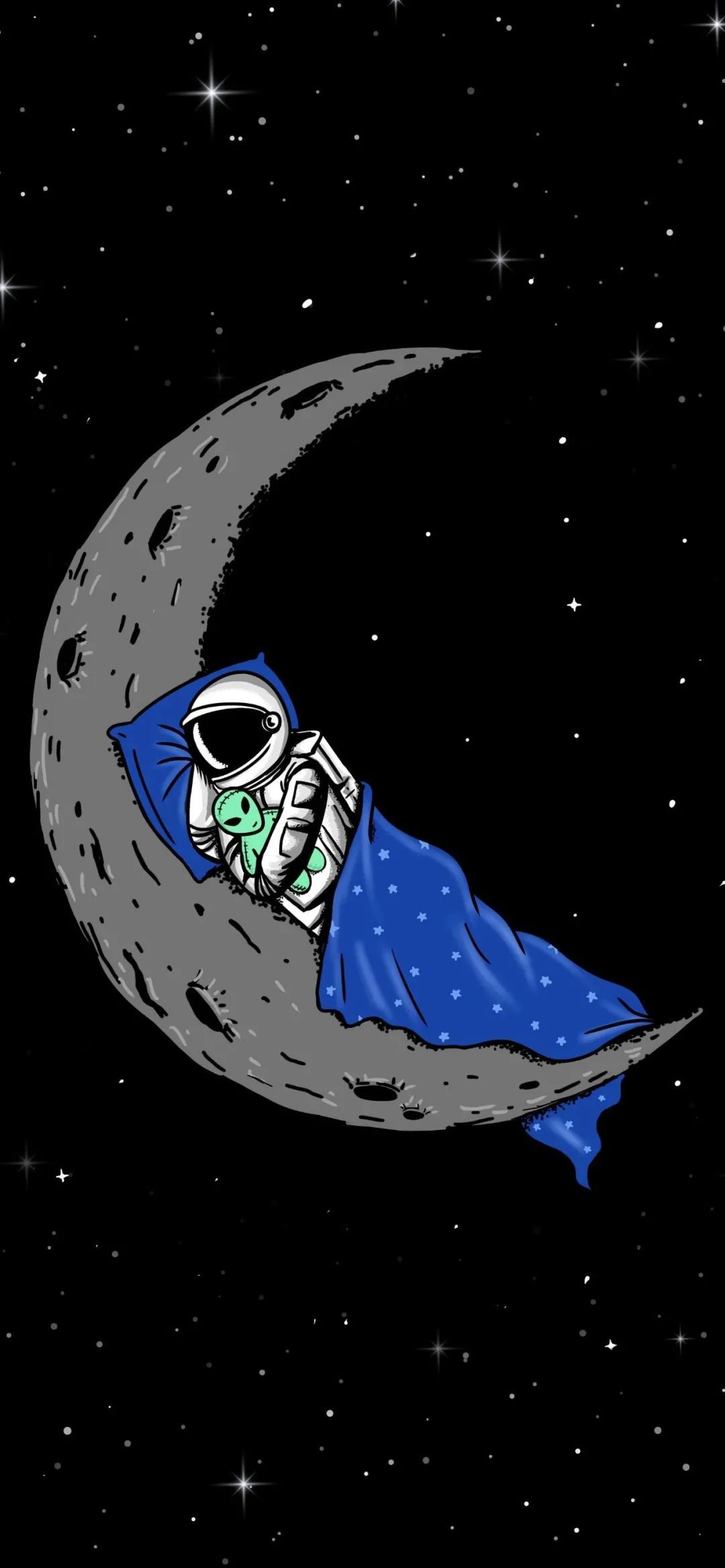 太空人抱着外星娃娃在月亮上睡觉手机壁纸