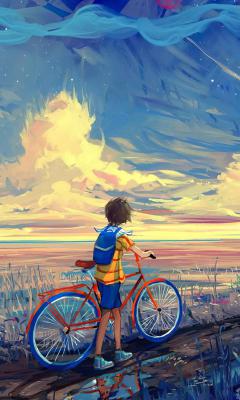 男孩推着自行车走在田野中手机壁纸