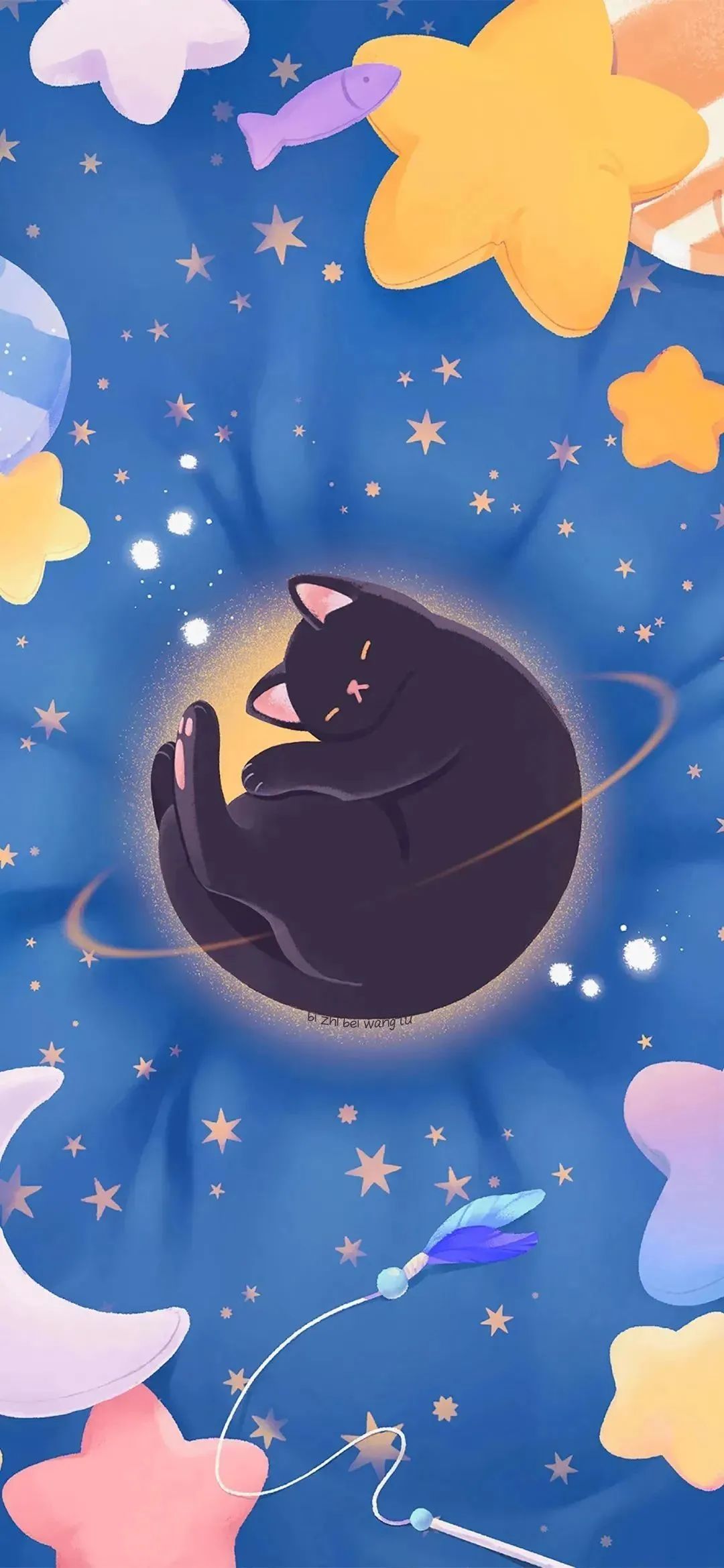 小黑猫蜷缩在星空被手机壁纸