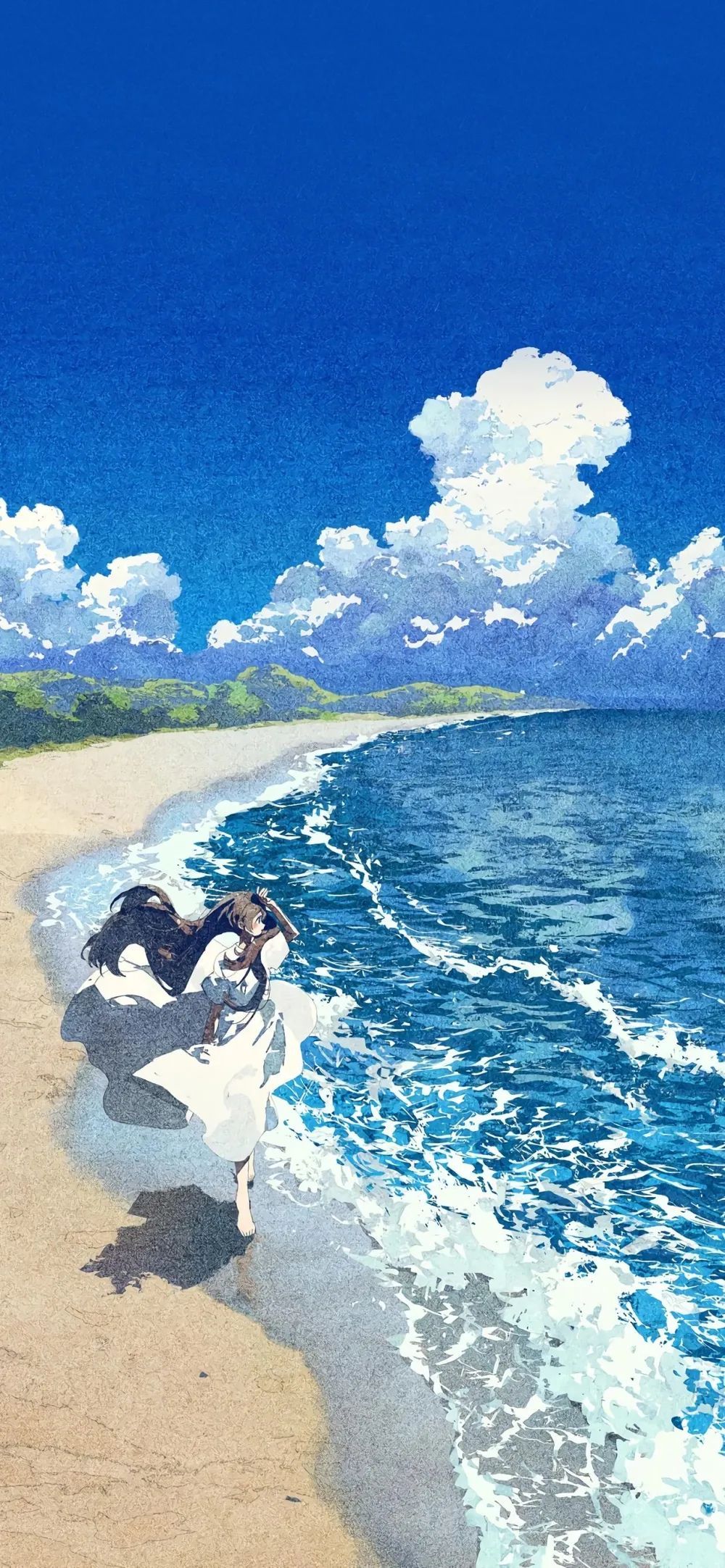长发女孩穿着白裙在海滩奔跑手机壁纸