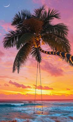 海边棕榈树下的秋千手机壁纸