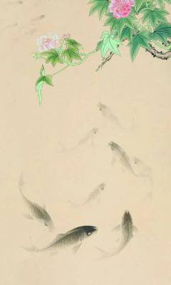 鲤鱼和牡丹花中国画手机壁纸