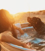 夕阳下狗狗与女神一起洗澡gif动态图片
